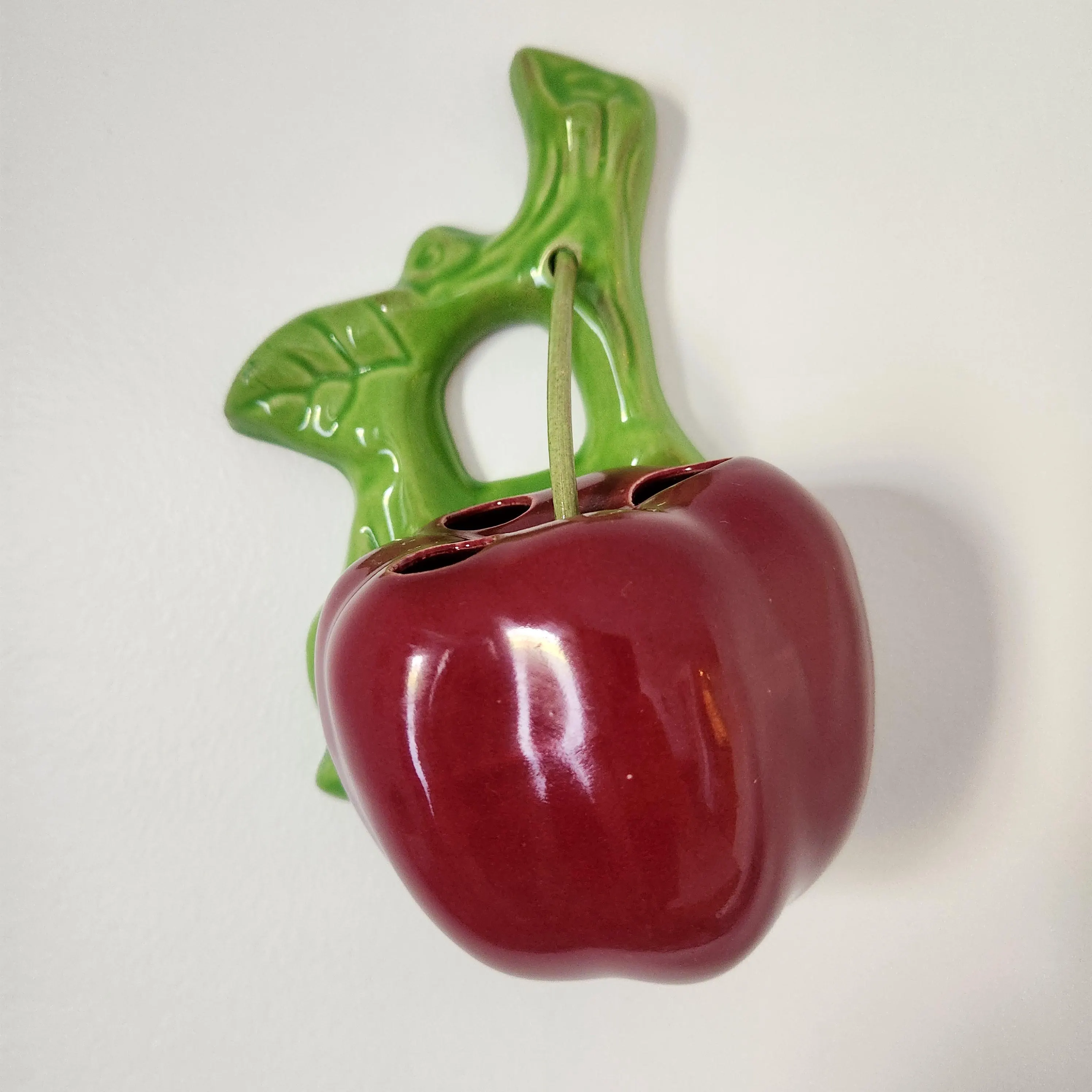 Vintage Kitschy Fruit Decor Wall Pocket 3D Red Cherry Planter - Gallery Wall Hanging Pen Holder Rooting Vase - image 3