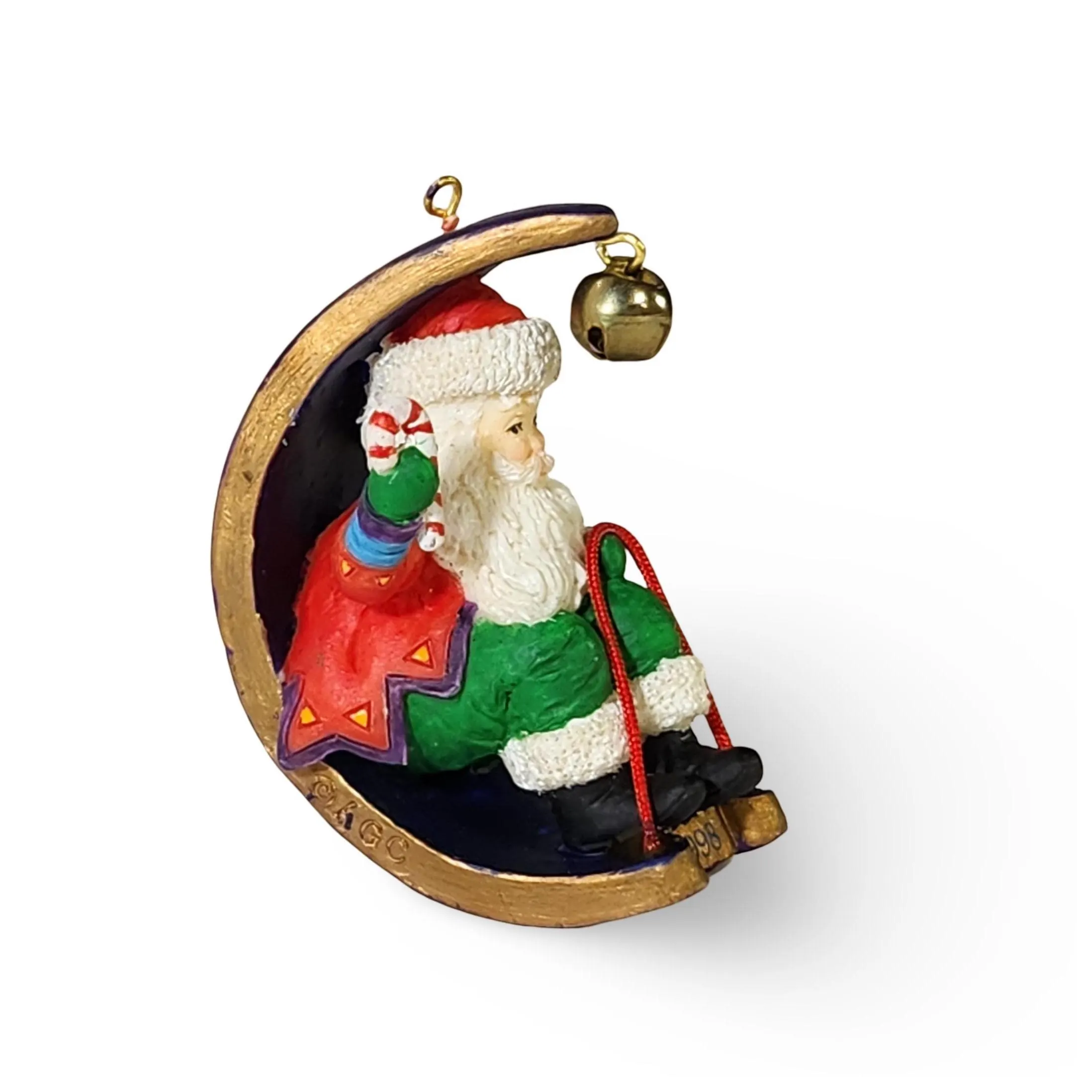 MIDNIGHT RIDE Christmas Ornament Vintage 1998 Carlton Cards Santa on Sled Moon Shaped w Jingle Bell - image 4