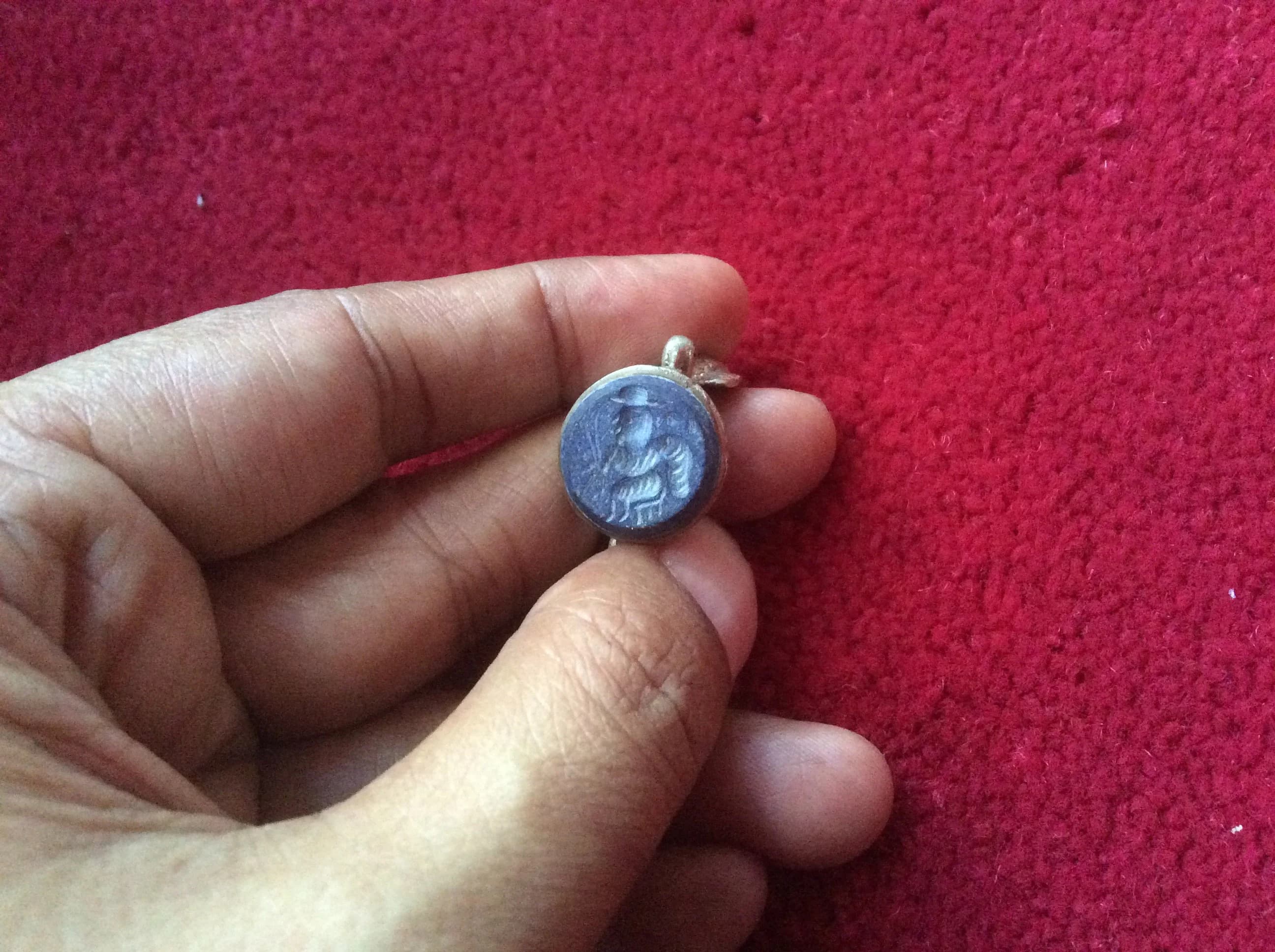 Antique Old vintage natural stone lapis lazuli intaglio medieval ring size 8 ,Roman Human sit on chair Silver with two head bird