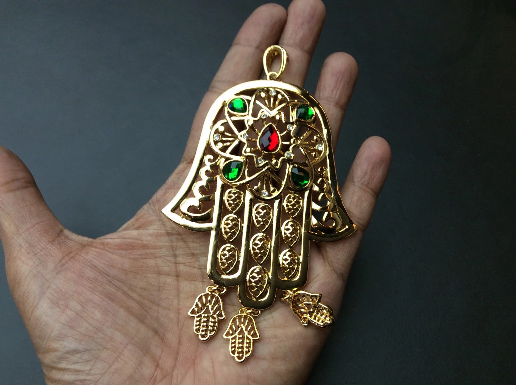 Big Fatima hamsa hand Miriam Hamesh Khamsa Jewish Jewelry Pendant Protect Evil Eye Gold Plated Free Chain