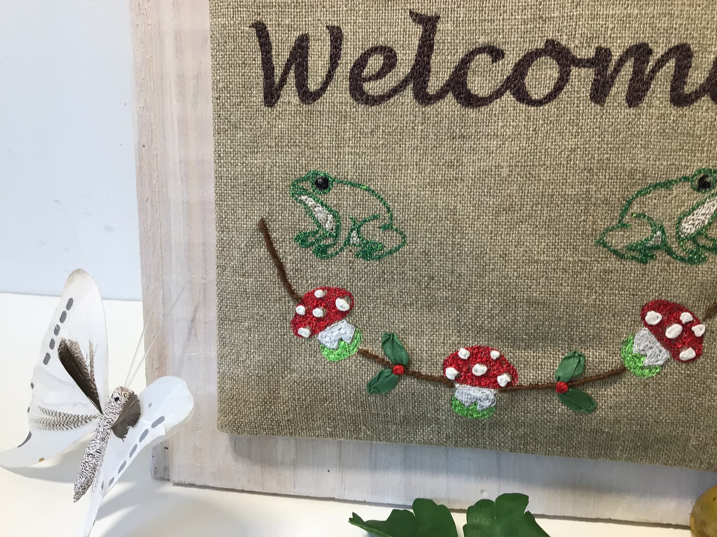 Embroidered Linen Welcome Sign: Cottage decor Birds & Flowers, frogs decor - image 2