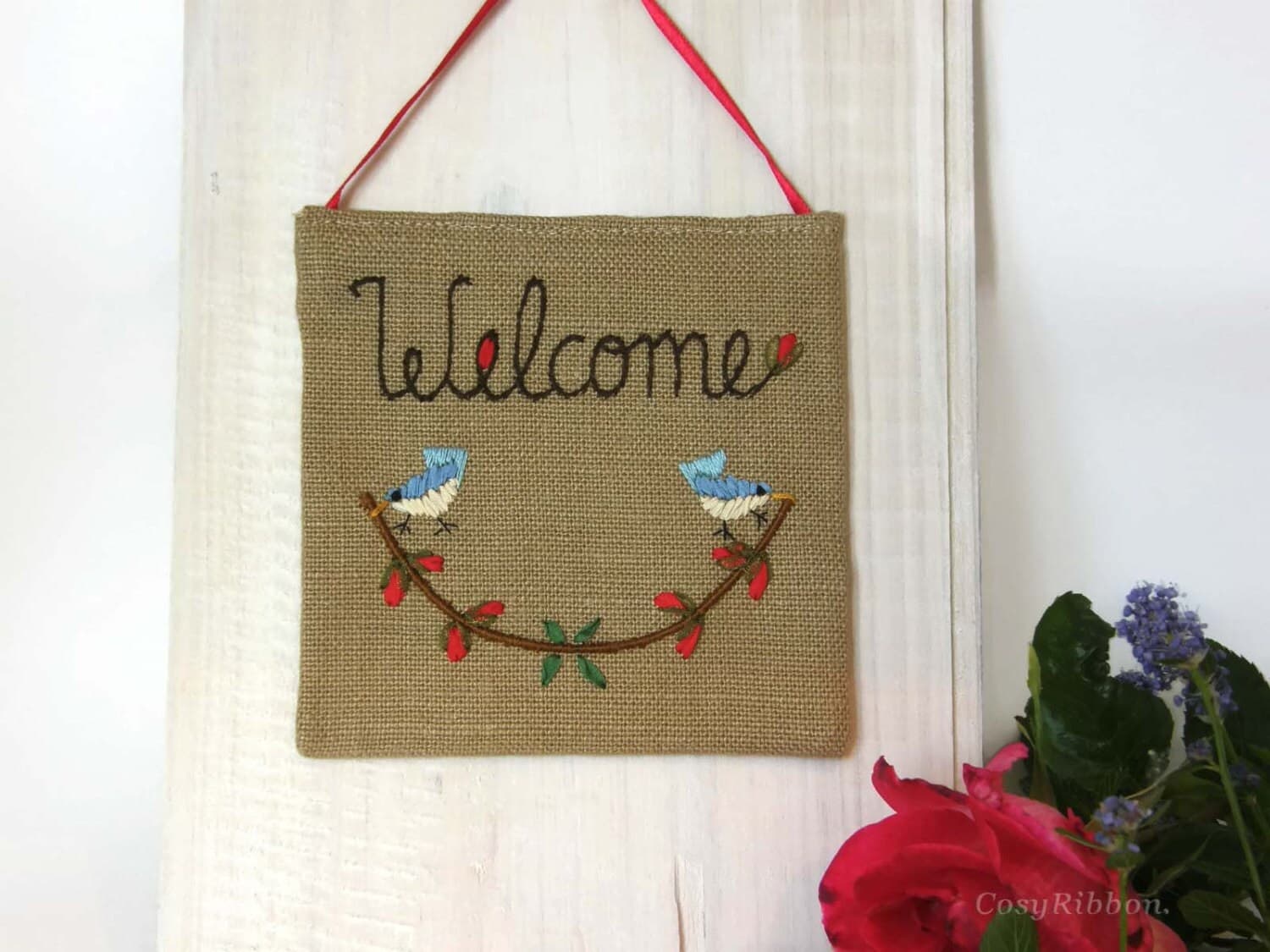 Embroidered Linen Welcome Sign: Cottage decor Birds & Flowers, frogs decor - image 5