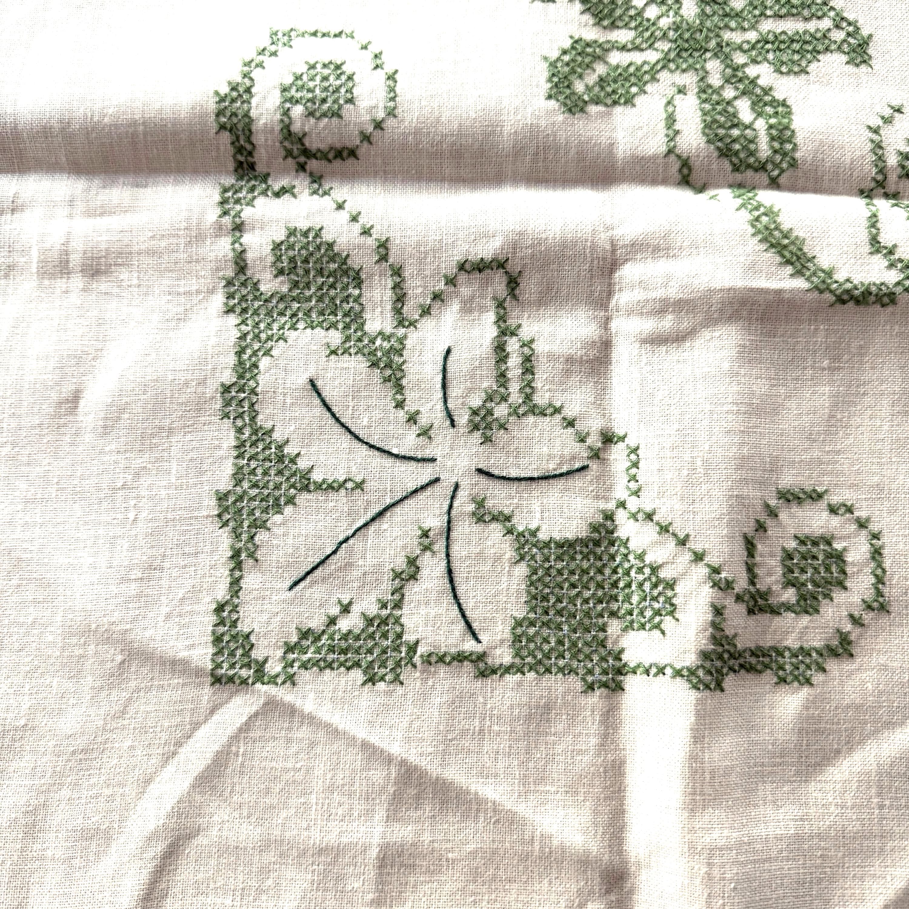 Vintage Green Cross-Stitch Linen Tablecloth | Hand-Embroidered Floral Vine Design | Scalloped Edge | 41" x 41" - image 4