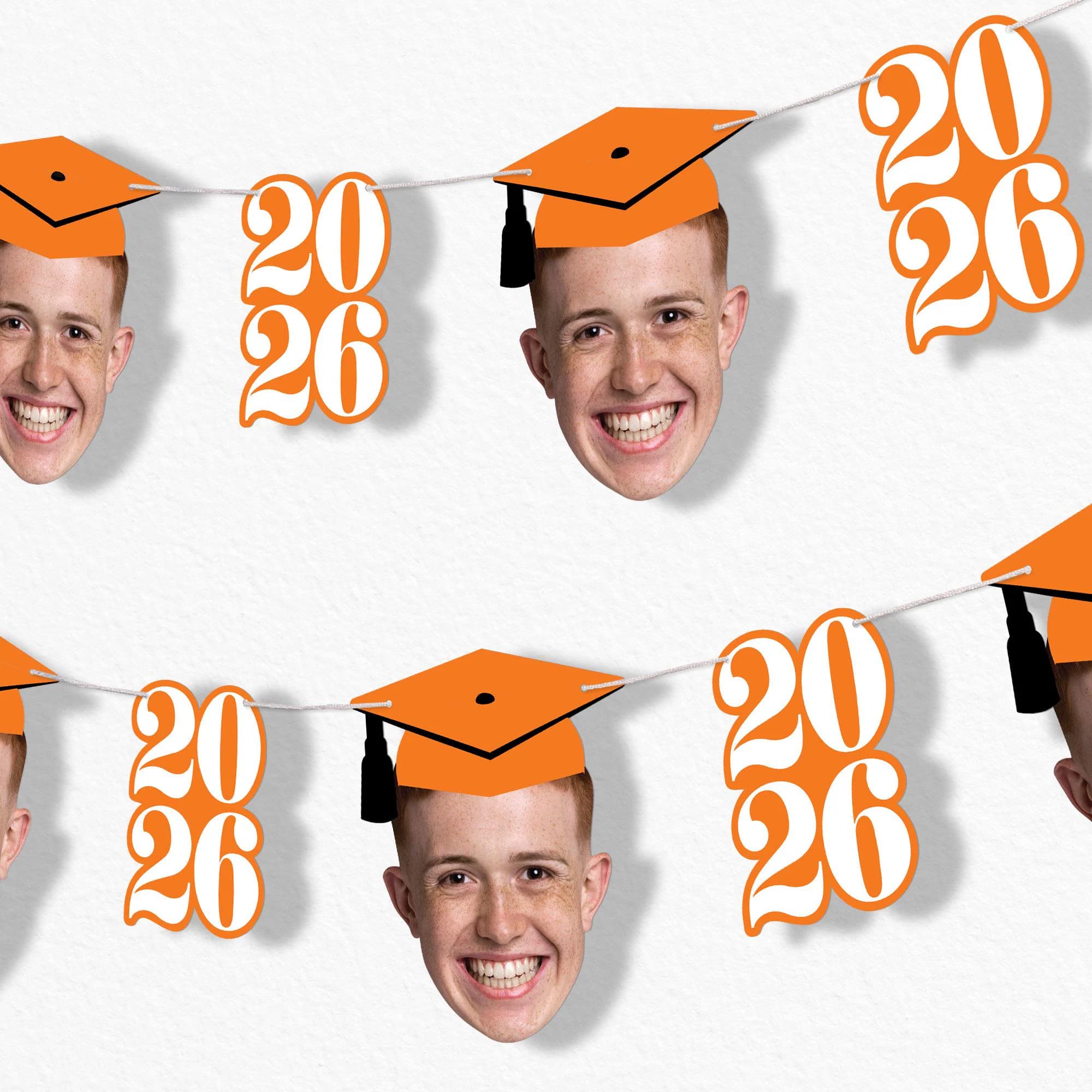 Custom Photo Orange Graduation Garland Banner, Personalized Grad Decor Backdrop, 30 Feet of Cord, 5 2026 Shapes & 5 Faces with Grad Cap