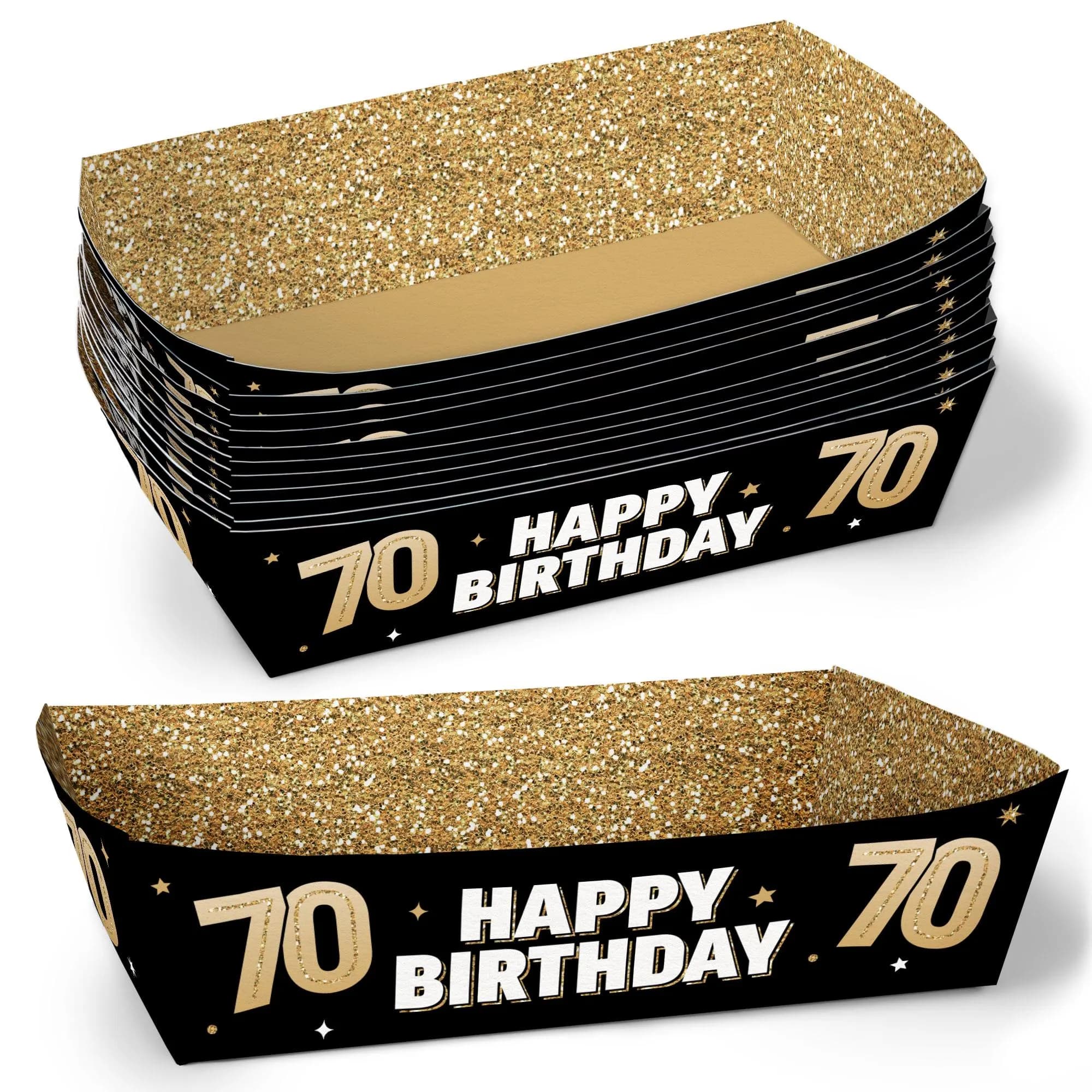 70th Birthday Party Paper Food Trays, Disposable Food Boats, Black & Gold Birthday, Picnic, BBQ, Double-Sided Paper Meal Holders - 12 Ct