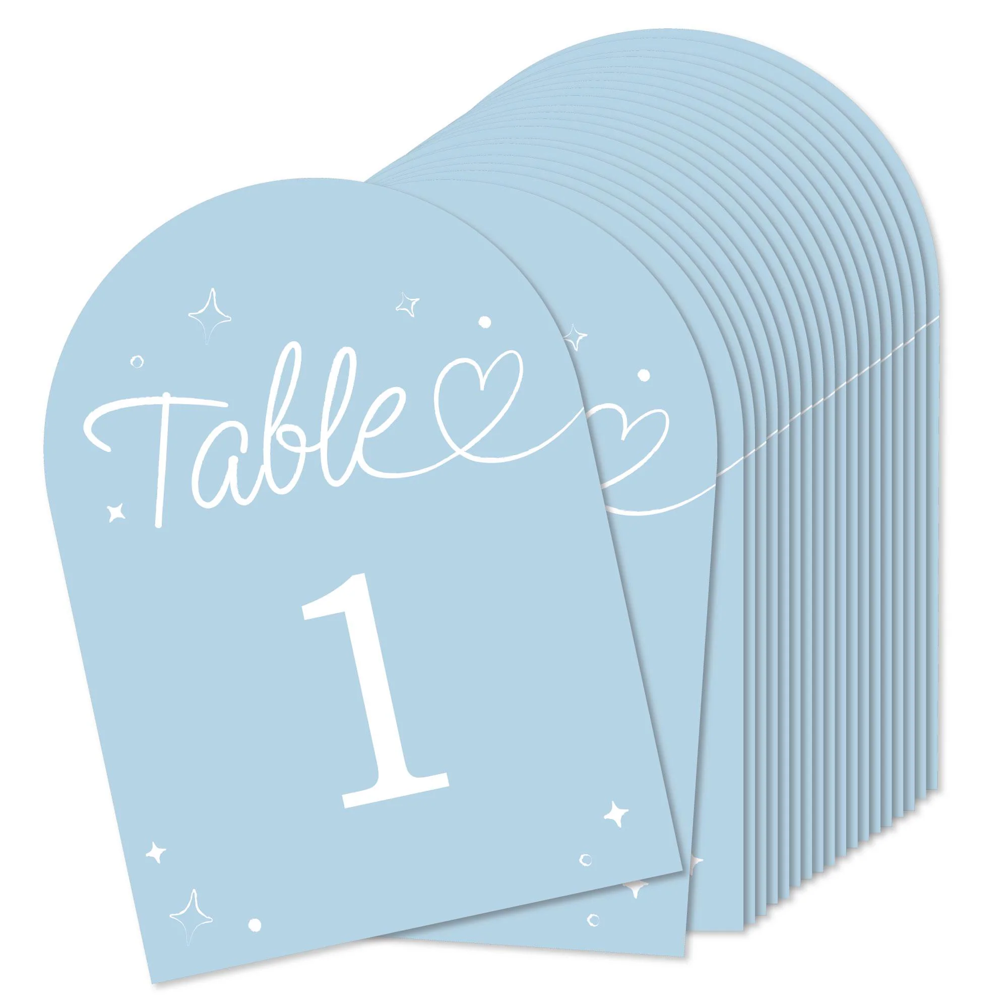 Wedding Hearts Dusty Blue Table Numbers, Engagement and Anniversary Centerpieces, Double-Sided 5 x 7 inches Cards, Table Numbers - 1-20