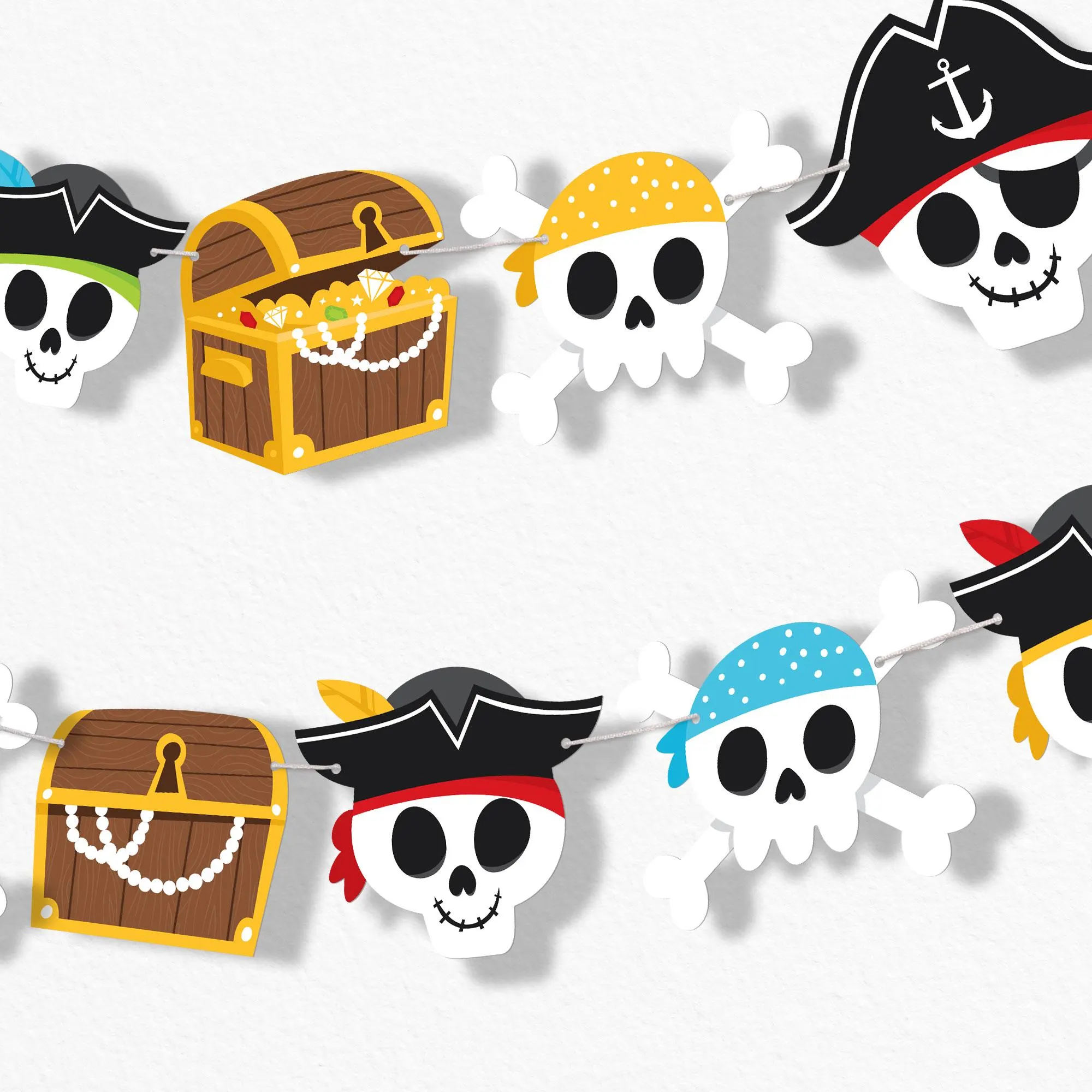 Pirate Ship Adventures Garland Banner, Kids Birthday Decor Backdrop, 30 Feet of Cord, 15 Double-Sided Paper Skulls & Treasure Chest Shapes