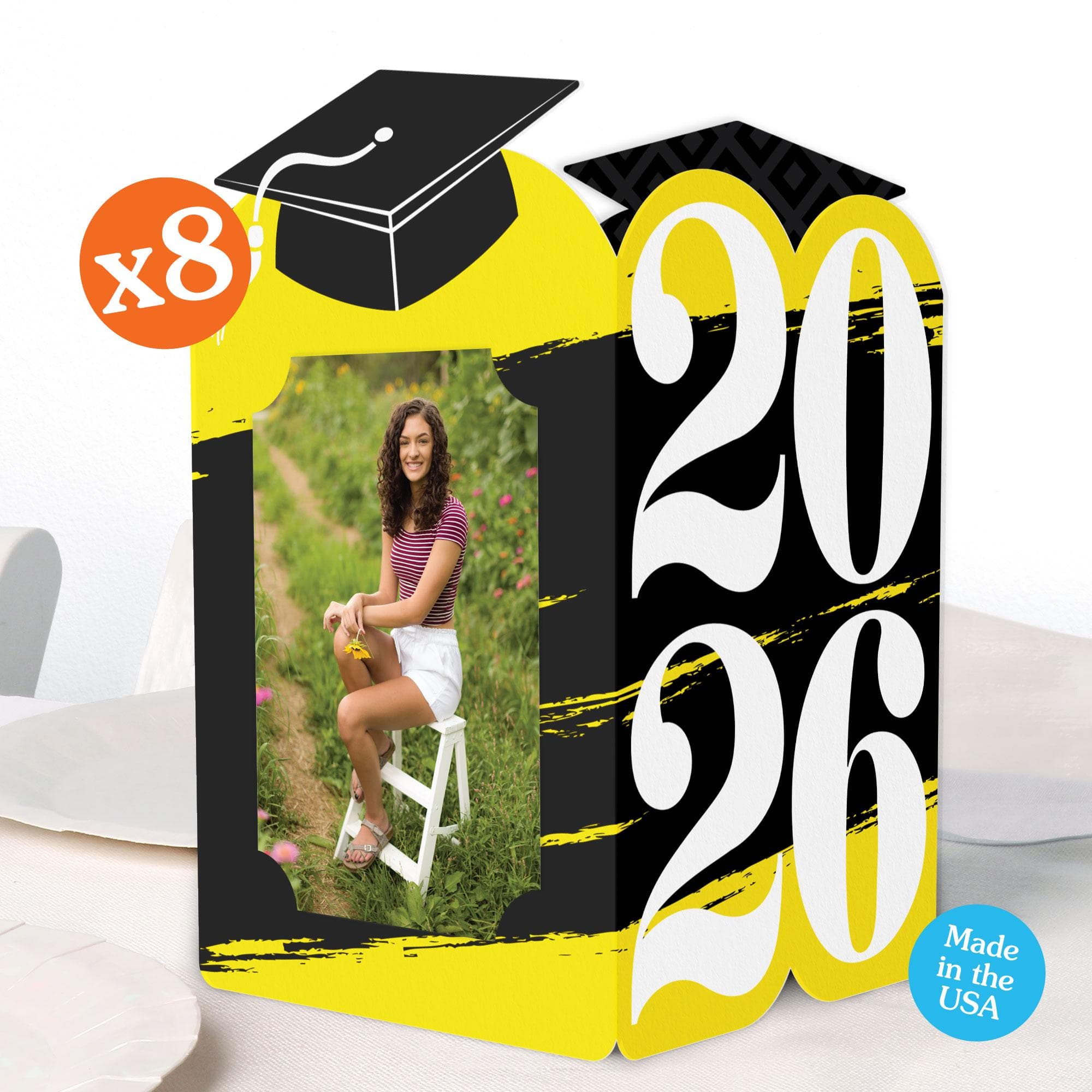 Yellow 2026 Graduation Photo Holder Centerpieces, 4x6 Picture Display Box, Table Decoration Centerpiece for Yellow Grad Party Decor, 8 Count