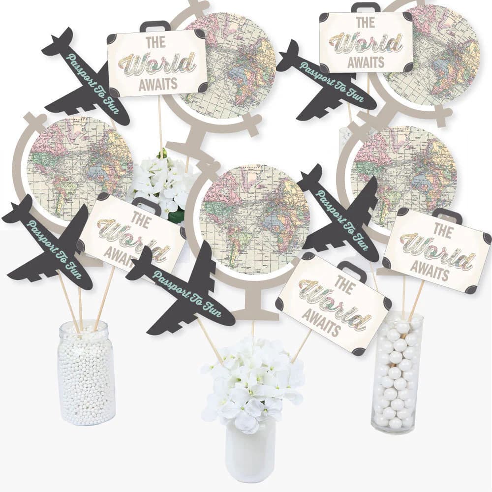 World Awaits - Centerpiece Sticks - Travel Themed Party Table Toppers - Graduation or Retirement Centerpiece Party Supplies - 15 Ct.