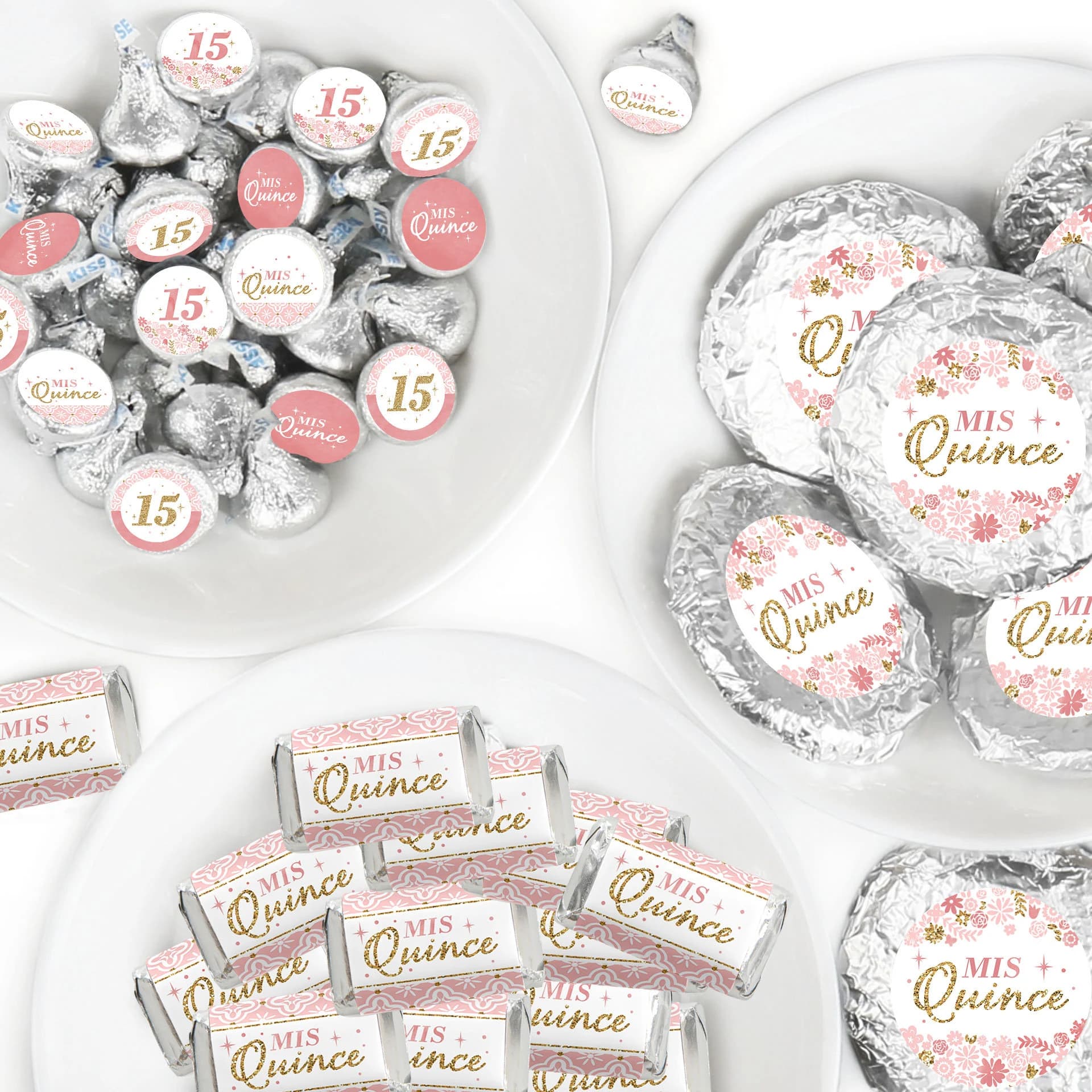 Mis Quince Anos - Mini Candy Bar Wrappers, Round Candy Stickers and Circle Stickers - Quinceanera Sweet 15 Candy Favor Sticker Kit - 304 Pc