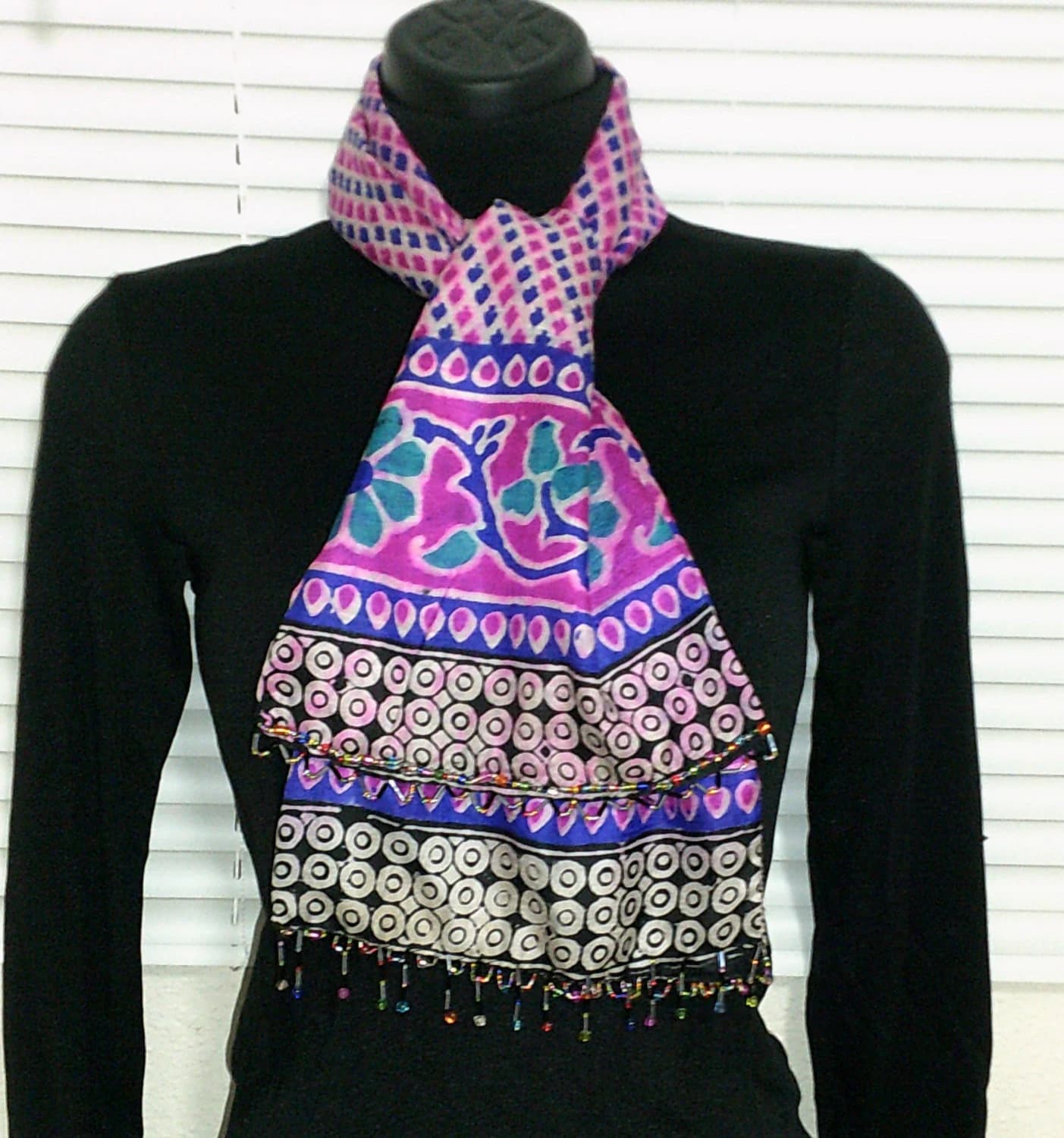 Extra Beaded Fancy Bold 2-Way Batik Silk Scarf. Slim Long. Unique Decorative. Each Side Different & Trendy! Vintage Sari Fabric. Beaded Ends - image 3