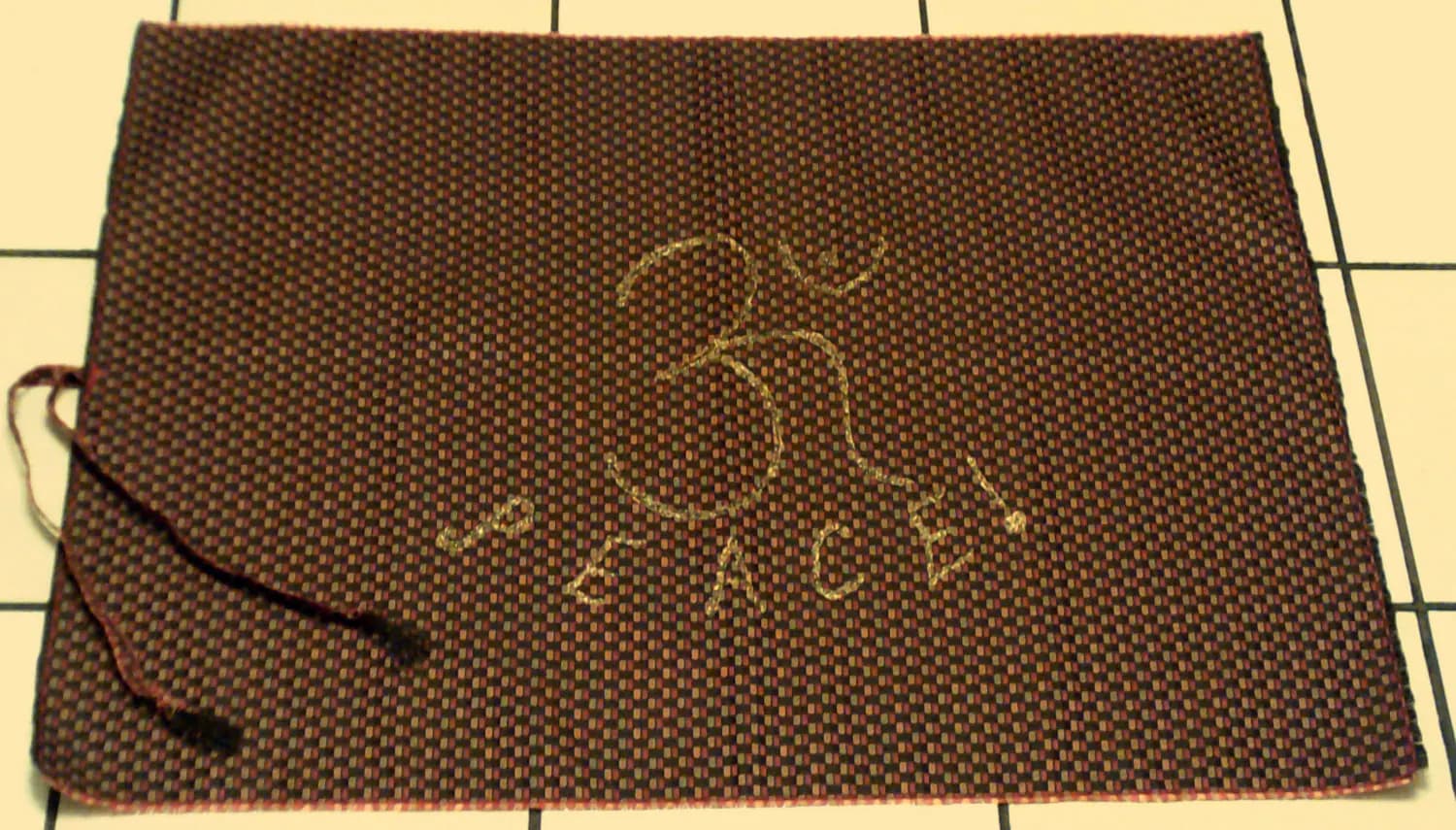 Fold or Roll-up Fabric OM PEACE Meditation & Prayer Mat. Earth Tones. Asian Bamboo Like Woven Fabric. Golden Painted Soft Peaceful Lettering