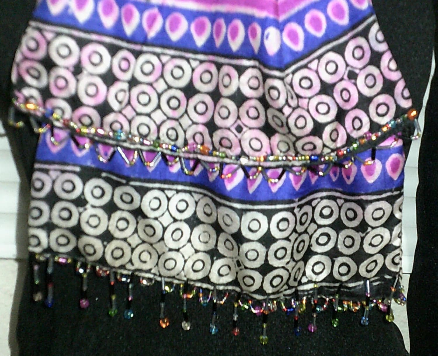 Extra Beaded Fancy Bold 2-Way Batik Silk Scarf. Slim Long. Unique Decorative. Each Side Different & Trendy! Vintage Sari Fabric. Beaded Ends - image 5