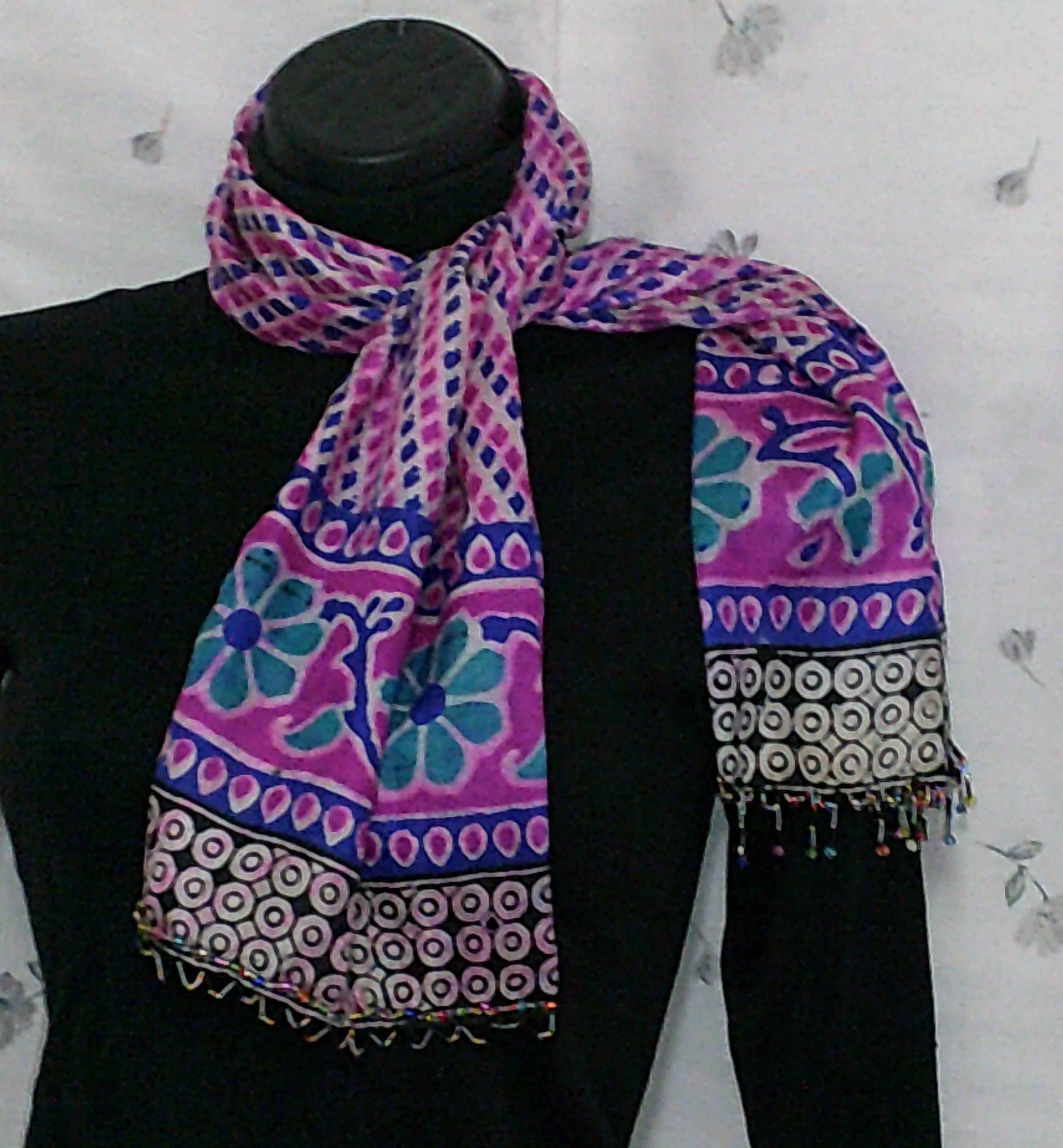 Extra Beaded Fancy Bold 2-Way Batik Silk Scarf. Slim Long. Unique Decorative. Each Side Different & Trendy! Vintage Sari Fabric. Beaded Ends