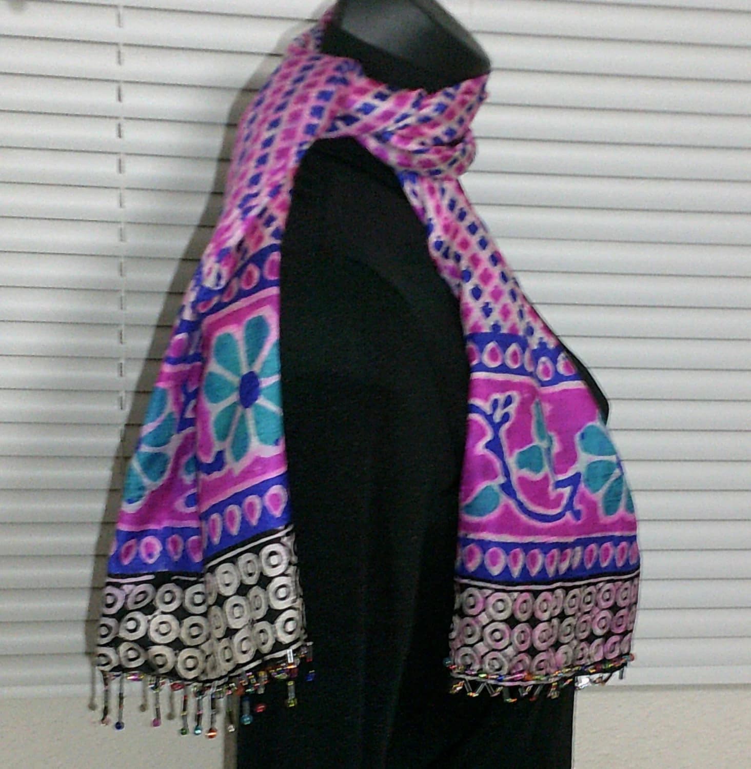 Extra Beaded Fancy Bold 2-Way Batik Silk Scarf. Slim Long. Unique Decorative. Each Side Different & Trendy! Vintage Sari Fabric. Beaded Ends - image 4