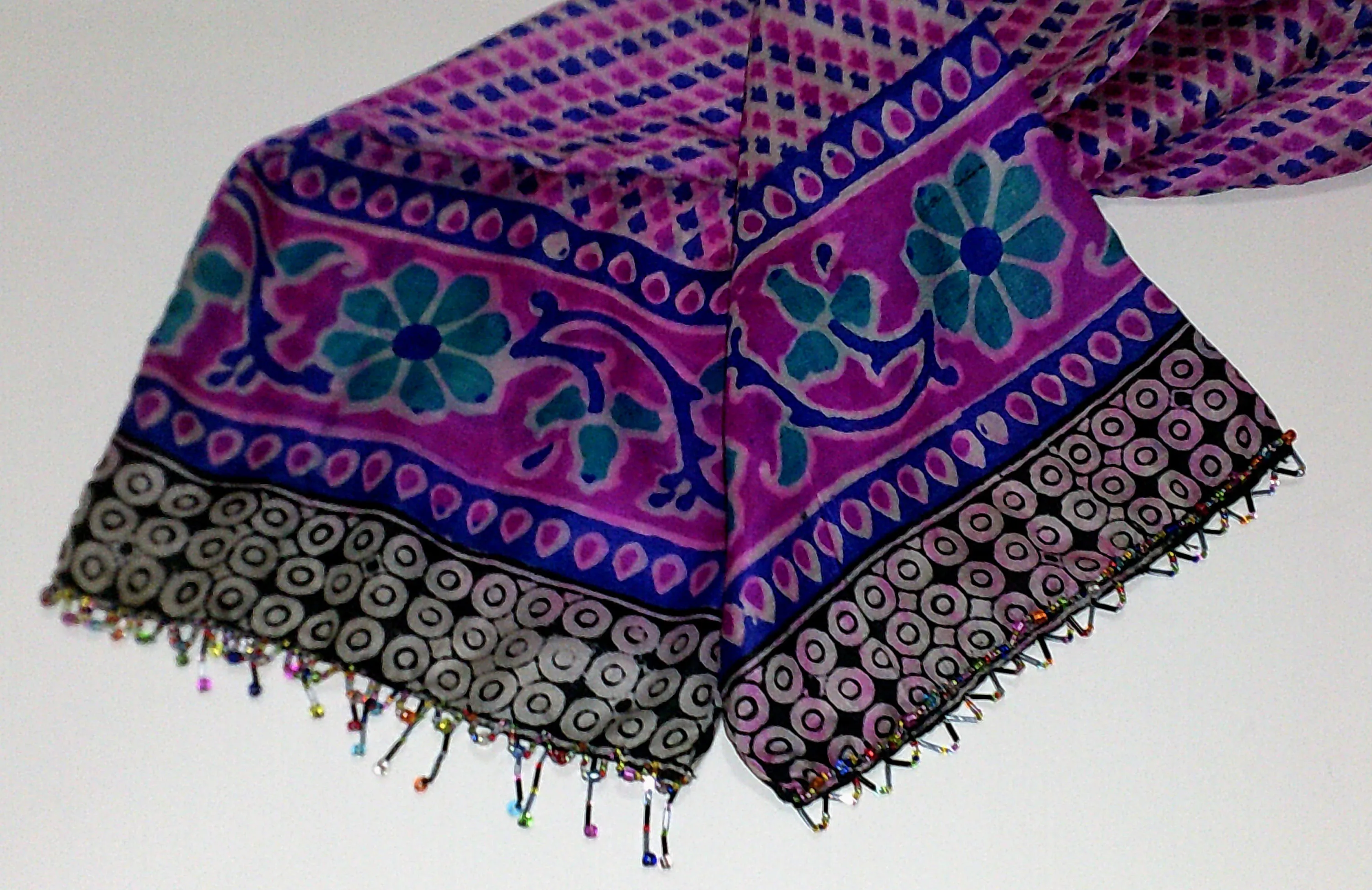 Extra Beaded Fancy Bold 2-Way Batik Silk Scarf. Slim Long. Unique Decorative. Each Side Different & Trendy! Vintage Sari Fabric. Beaded Ends - image 2