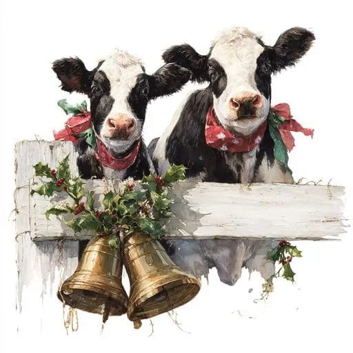 8 Christmas Cow Clipart, Winter Farm Animals Watercolor Printable, Digital Download, High Quality PNGs, Paper Crafts, Junk Journals Prints - image 3