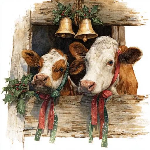 8 Christmas Cow Clipart, Winter Farm Animals Watercolor Printable, Digital Download, High Quality PNGs, Paper Crafts, Junk Journals Prints