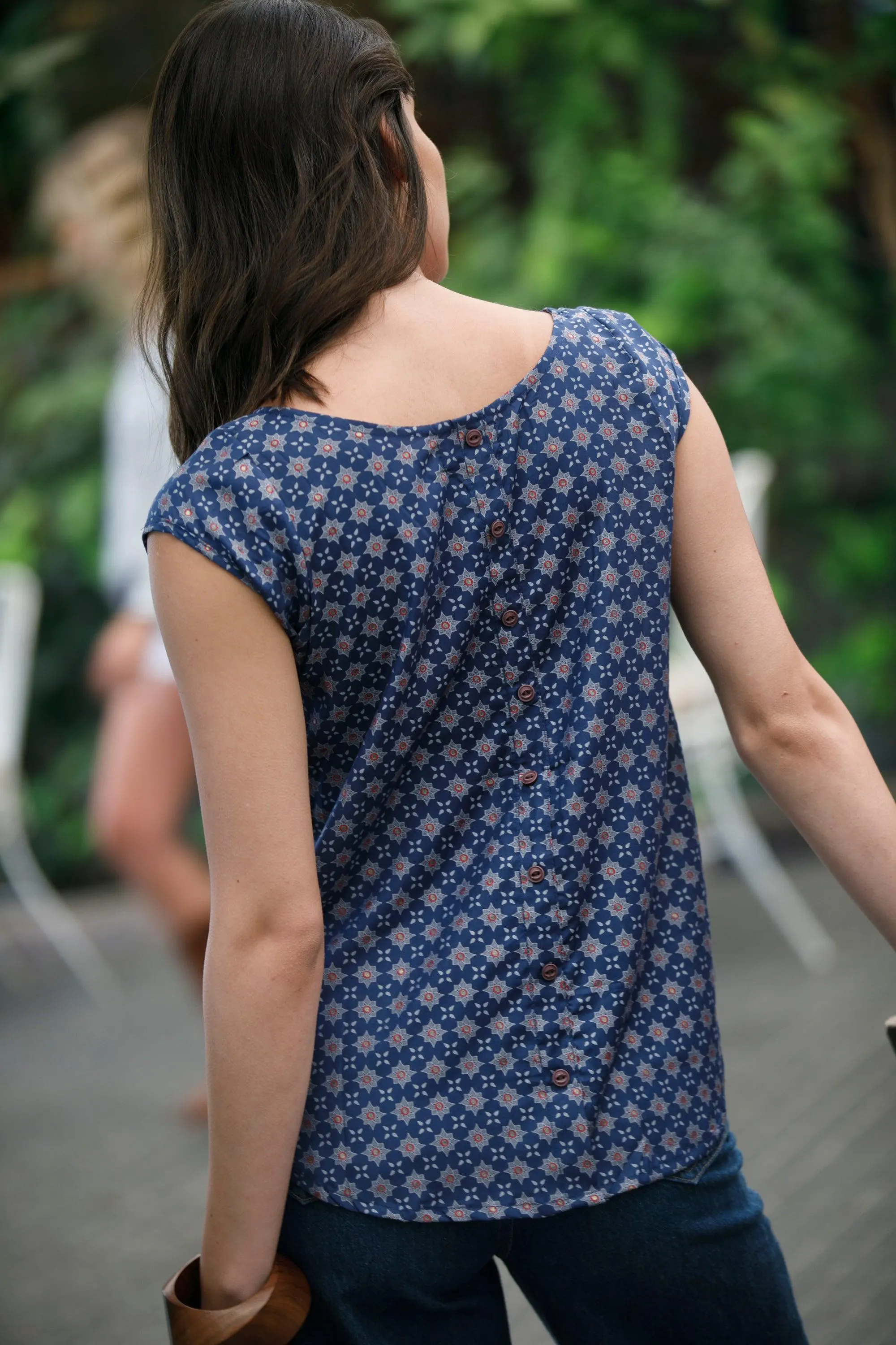 Women's Blue and Gold Wide Fit Shirt, Everyday Office Wear, Long Torso Crew Neck Oversized Shirt, Blue Bohemian Blouse - image 3