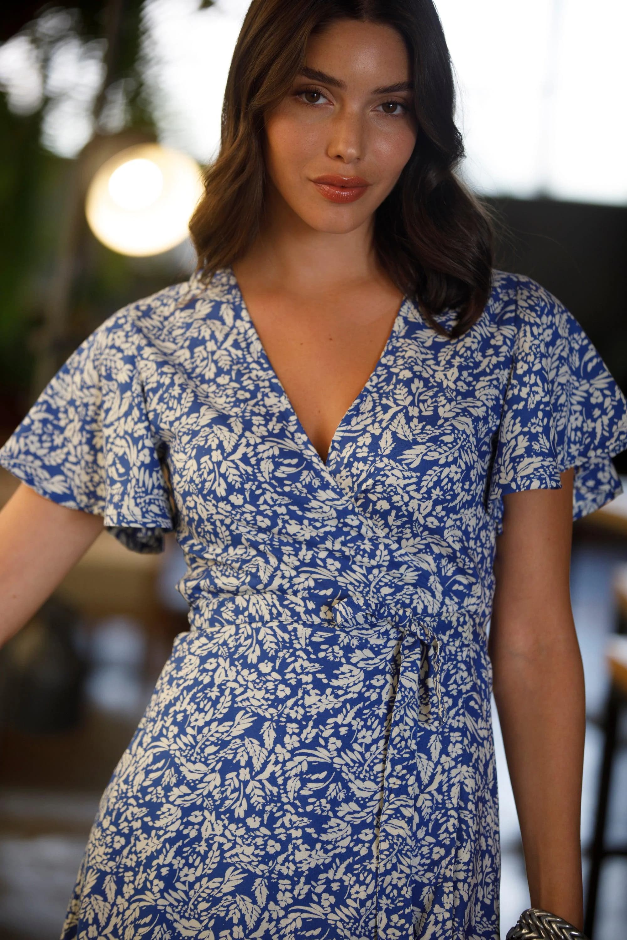 Blue Floral Wrap Dress, Boho Mini Dress, V Neck Summer Dress, Short Wrap Dress, Flutter Sleeve Dress, Vacation Dress - image 5