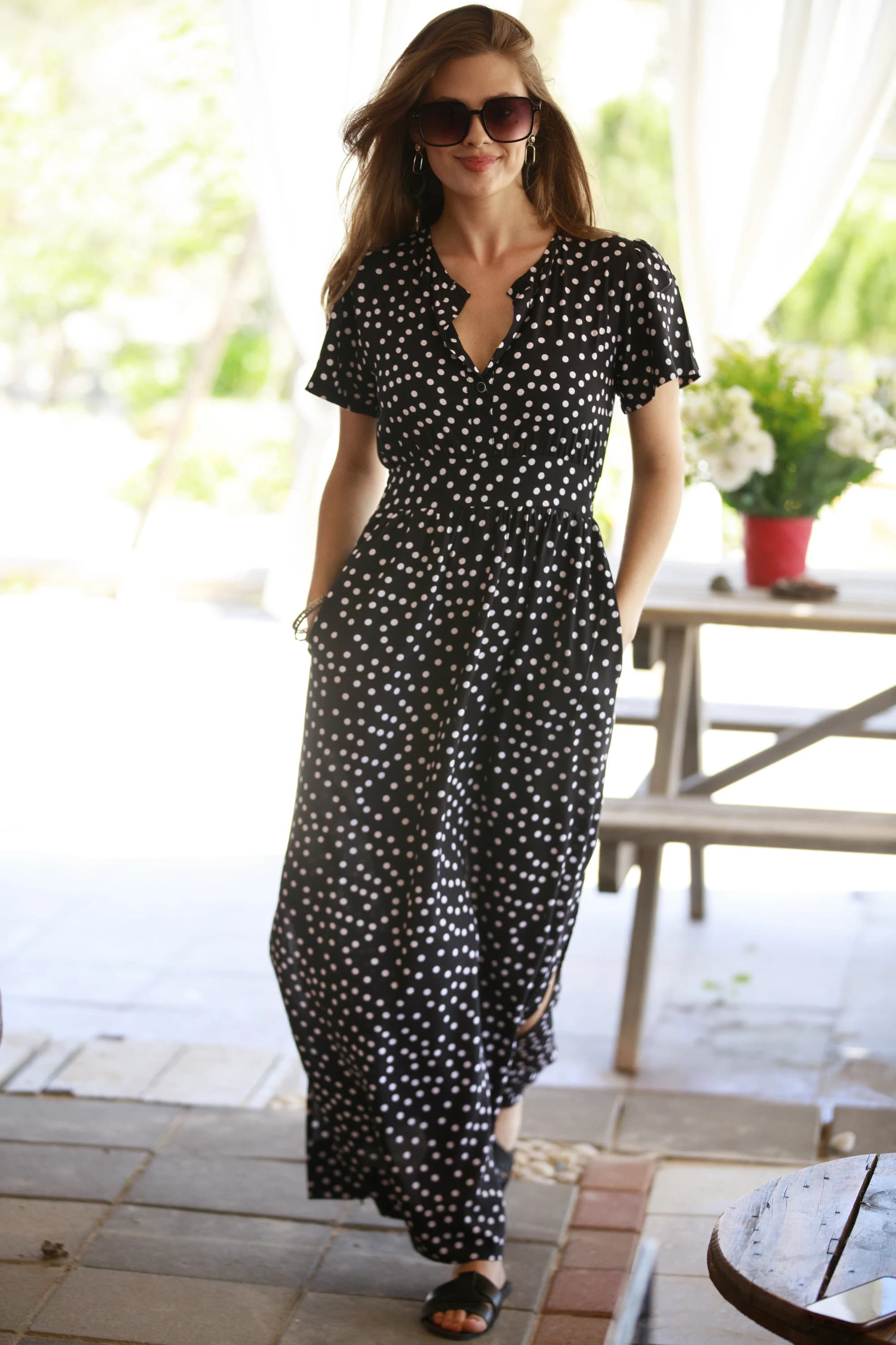 Black Polka Dot Maxi Dress, Boho Summer Dress, V Neck Maxi Dress, Flowy Short Sleeve Dress, Vacation Dress, Casual Maxi Dress - image 4