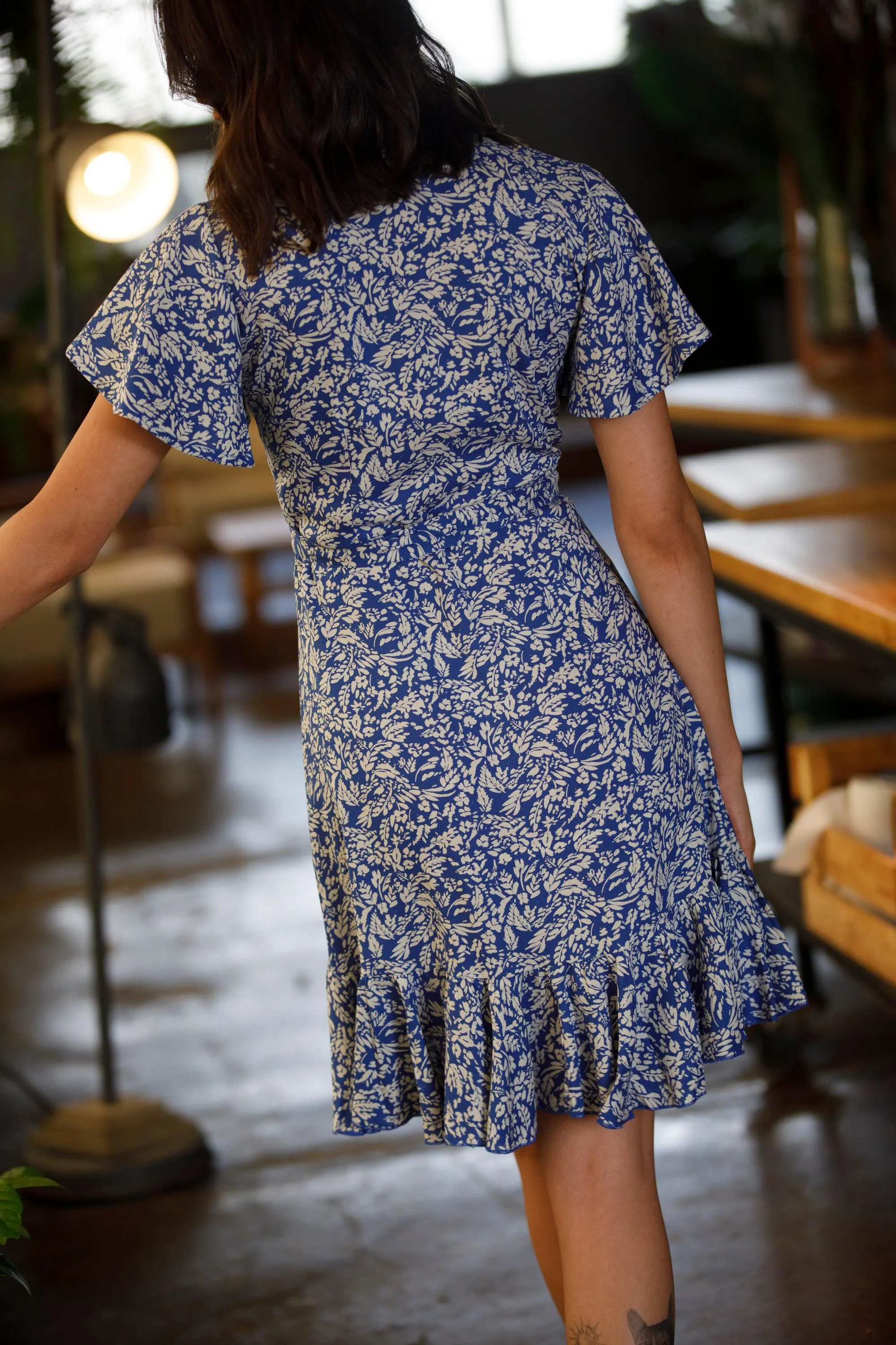 Blue Floral Wrap Dress, Boho Mini Dress, V Neck Summer Dress, Short Wrap Dress, Flutter Sleeve Dress, Vacation Dress - image 4
